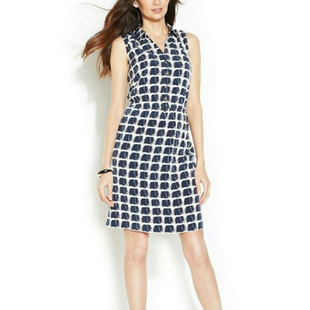 NWT Alfani Navy White Above Knee Collared Elephant Dress Cinched Waist Sz 6